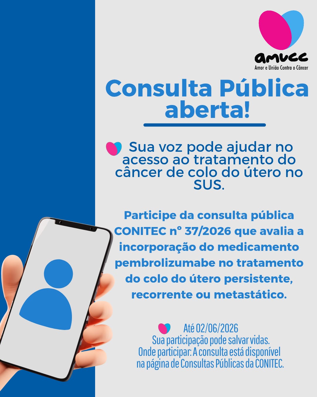 Consulta Pública CONITEC nº 37/2026: AMUCC convoca sociedade a opinar sobre tratamento para câncer de colo do útero no SUS
